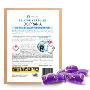 Infographic for Marba gel laundry capsules labeled for washing black/dark fabrics, with usage and safety icons (Polish text).